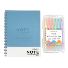 투코비 5000 PP 컬러 스프링노트 + 코마 마일드 트윈 형광펜 6p 세트, 스카이(노트), 1세트