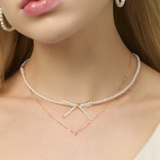 새미쥬얼리 여성용 14k 큐티즈 리본 담수 진주 목걸이 중앙 + 쇼핑백