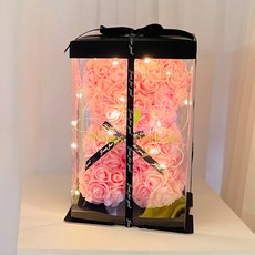 러블리팜 조화 로즈베어 스몰 + 전용 케이스 + LED 전구 + 레터링 시트지 + 리본 장식 세트, 핑크 + 기념일, 1세트