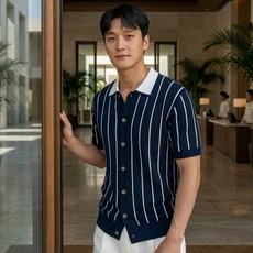 Athelic Homme 男士 Oshu 條紋撞色翻領針織開襟衫 10021