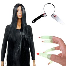 파티공구 할로윈 파티용품 귀신가발 롱타입 블랙 + 엽기 칼 머리띠 + 마녀손톱 세트, 혼합색상, 1세트