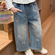 童款Rioben緞帶刺繡水洗丹寧寬鬆長褲