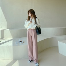 Tomatofactory 女款四向彈力壓褶寬版高腰西裝褲