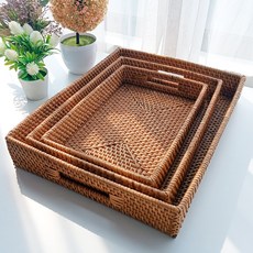 고급 등나무 라탄 바구니 직사각 3종 세트 P001, 네추럴, 1세트
