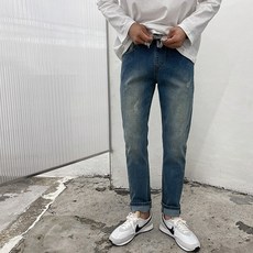 帥氣男款舒適鬆緊腰帶水洗修身牛仔褲