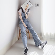 SUBI.JEANS 女款長版寬管吊帶牛仔褲 SP138