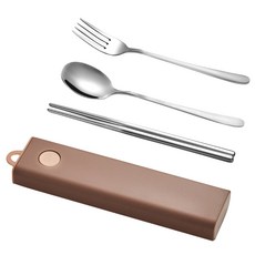 環保餐具3件組, 1個, 棕銀色, 筷子 + 湯匙 + 叉子 + 收納盒