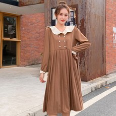 孕婦雙扣百褶長袖連身裙