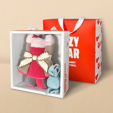 Songwol 松月 Mumu Friends Cozy Bear 毛巾 180g 30支精梳棉 + Mini Rabbit 35g 30支棉紗 禮物, 1套, 紅色(小熊), 隨機出貨(迷你兔), 隨機出貨(緞帶)