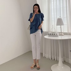 린다샵 여성용 에브타 사선 프릴 가오리 반팔 티셔츠 T6909K14
