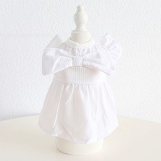 Chilsi 狗狗蝴蝶結荷葉邊泡泡袖條紋圖案連身裙, 白色, 1個