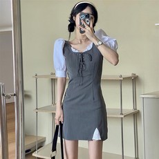 PEONIST 泡泡袖短袖迷你連身裙, 單一顏色