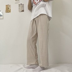 Eolipeul 女性用柔軟格紋鬆緊帶睡衣長褲