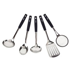 Stenlit 無研磨劑 304不鏽鋼 烹飪工具 5件組, 黑色, 1套, 湯勺 + 料理勺 + 撈麵勺 + 鍋鏟 + 濾網勺