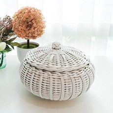 Rattan Shop 圓形帶蓋收納甕藤編籃 J073W, 白色, 1個