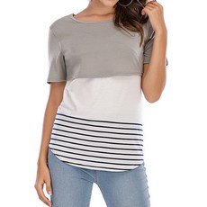 條紋蕾絲短袖哺乳上衣