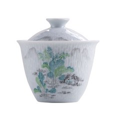 京德珍水會雕刻蓋碗茶杯, 白+綠+黑, 1個