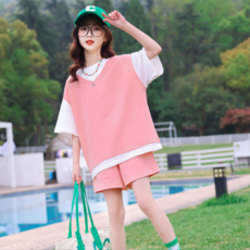 Orenjidamom 女童寬鬆版型疊穿短袖T恤褲子套裝