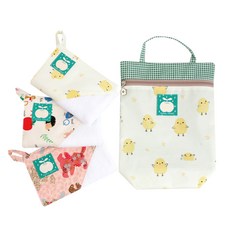 Coney Island 女童拼接圖案印花掛繩毛巾 3入+防水手提袋 B款, 粉色+小雞款+刺蝟款, 1組