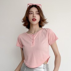 더시럽 여성용 와이드넥 밑단 라운딩 잔골지 반팔 티셔츠