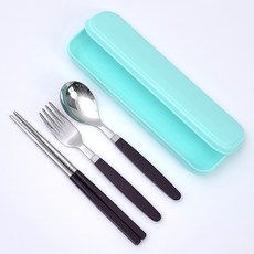RAONNURI 兒童粉彩盒便攜式便當餐具組, 藍色(外盒), 巧克力色(湯匙, 筷子, 叉子), 外盒 + 湯匙 + 筷子 + 叉子