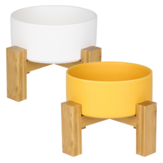 meongzi 2層陶瓷餵食碗組 2入 S號, 黃色, 白色, 1套