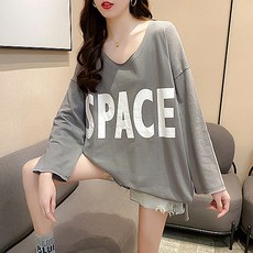 스페이스 프린팅 라운드 넥 오버핏 임산부 긴팔 티셔츠