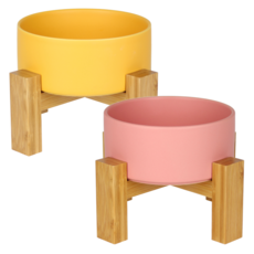 meongzi 2層陶瓷餵食碗組 2入 S號, 粉色, 黃色, 1套