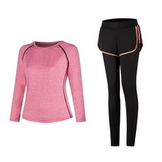 女款時尚瑜伽長袖T恤 粉色+短褲內搭褲組
