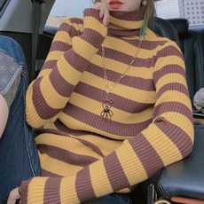 레몬소울 여성용 나이밍 스트라이프 목폴라 긴팔 니트