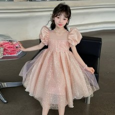 Abeef 兒童閃亮泡泡袖後蝴蝶結洋裝