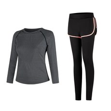 女款時尚瑜伽長袖T恤 灰色+短褲內搭褲組