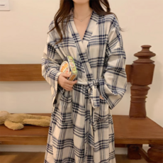 PEONIST 女性睡眠格紋圖案長款浴袍