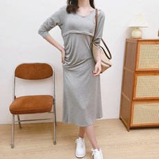 孕婦哺乳連肩開衩長袖連身裙