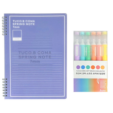 투코비 4000 PP 2단 컬러 스프링노트 + 코마 소프트 브러쉬 형광펜 6색 문구세트, 퍼플(노트), 1세트