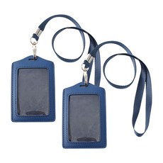 皮革單面直式識別證卡套 + 掛繩組, 2套, 藍色