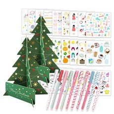 2Youngdesign 聖誕樹站立卡片 2入 + 甜蜜彩色中性筆 10種 + In-sseu貼紙 28種 套組, 綠色, 1套