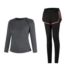 女款時尚瑜伽長袖T恤 灰色+短褲內搭褲組