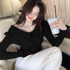 PEONIST 女款荷葉邊大翻領V領針織衫