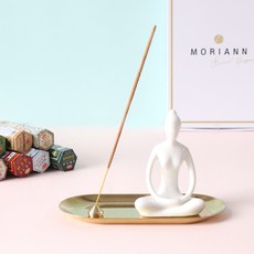 MORIANN 陶瓷瑜珈女 + 託盤 + 金屬支架套組, 白色(瑜珈女), 金屬金色(托盤)