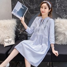 孕婦條紋縫線長袖連身裙