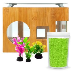 Aquatera 木質魚缸 AMZW30+魚缸裝飾仿真植物 3入+造景石 1kg+LED燈組, 黃豆（地材），隨機發貨（水草）