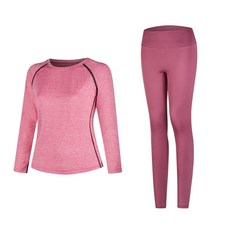 女款時尚瑜伽長袖T恤 粉色+內搭褲組