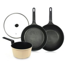 Kitchen-Art IH電磁爐適用現代優質鍋具組, 米色, 炒鍋 28cm+平底鍋 28cm+玻璃鍋蓋 28cm+單柄醬汁鍋 16cm, 1組