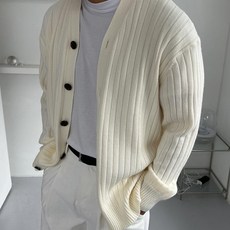 Meosidda 男款 厚實 坑條圖案 類羊絨 針織開襟衫