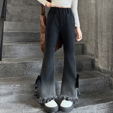 EYOUMONG 修身牛仔鬆緊荷葉邊蝴蝶結靴型長褲 E6S310