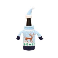 聖誕裝飾酒瓶針織毛衣帽套組 11 x 16 cm, 藍色, 1個