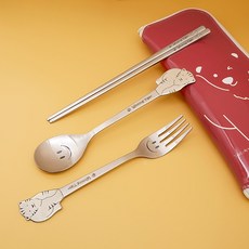 Table Art 兒童金老虎湯匙 2入+叉子 2入+餐具袋, 紅色(餐具盒), 1組