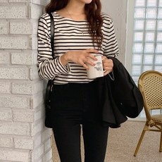 린다샵 여성용 키스닌 라운드넥 단가라 베이직 긴팔 티셔츠 cpt11611k31