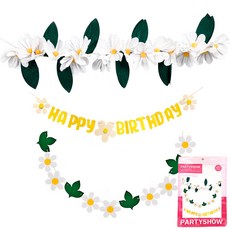 PARTYSHOW 花環2種 + 雛菊生日派對橫幅組, 1套, 白色(人造花橫幅), 黃色(生日派對橫幅)